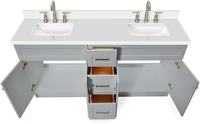 ARIEL 73" Grey Double Vanity 1.5" Edge Pure White Quartz Countertop & Splash - Image 5