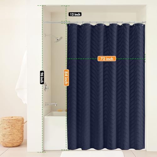 84 Inches Long Boho Tufted Chevron Striped Fabric Shower Curtain Navy Blue - Image 7