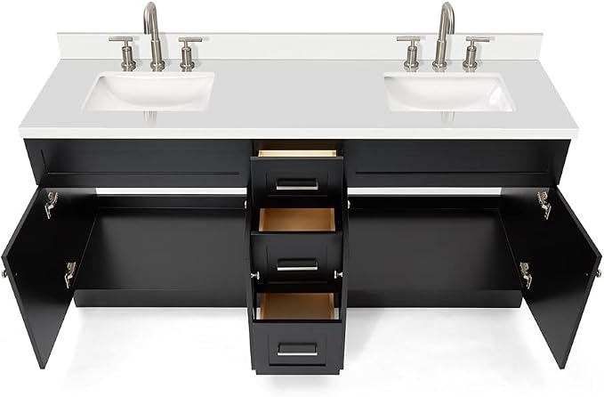 ARIEL 73" Black Double Bathroom Vanity, 1.5" Inch Thick Edge Pure White Quartz - Image 6