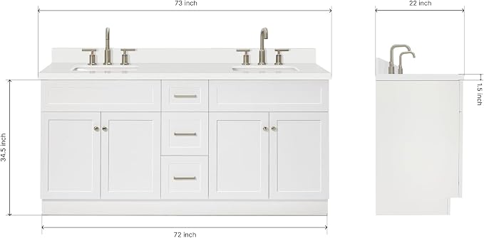 ARIEL 73" White Double Vanity 1.5" Edge Pure White Quartz Countertop & Splash - Image 2