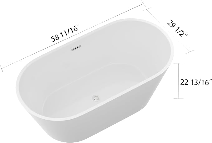 Logmey 59" Acrylic Freestanding Bathtub White Oval Shape Soaking Tub - Image 5