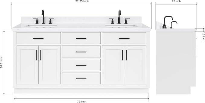 ARIEL Hepburn 72" White Double Vanity, 1.5" Edge Carrara Quartz Countertop & - Image 2