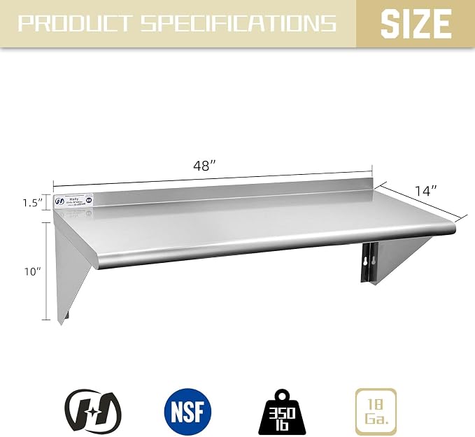 Hally Stainless Steel Shelf 14 x 48 Inches, 350 lb, Commercial Wall Mount - Image 3