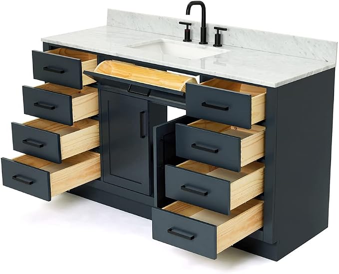 ARIEL Bathroom Vanity 61" Midnight Blue, Italian Carrara Marble Countertop & - Image 4