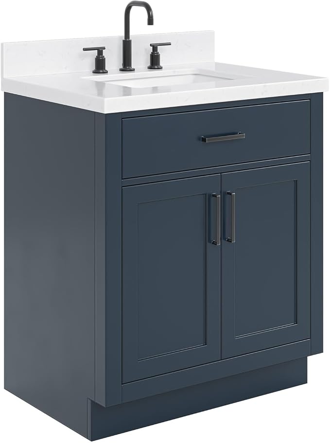 ARIEL Bathroom Vanity, Midnight Blue, Carrara White Quartz Top 1.5" Edge - Image 4