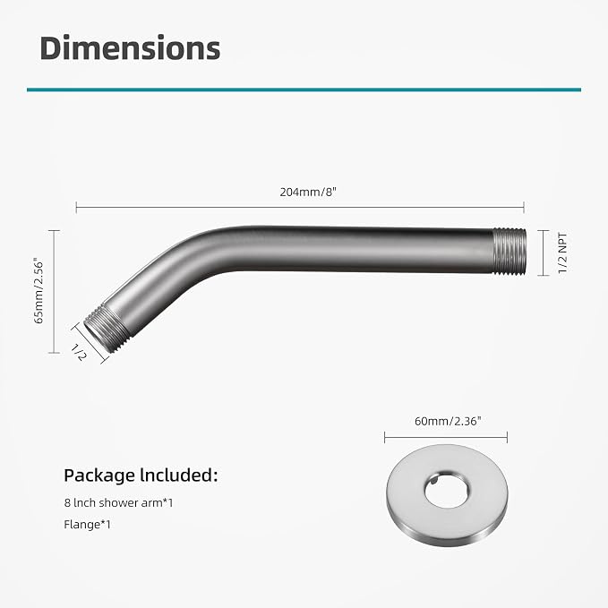 Cobbe Shower Arm with Flange and Teflon Tape, 8-Inches Wall Mounted Shower Pipe - Image 5