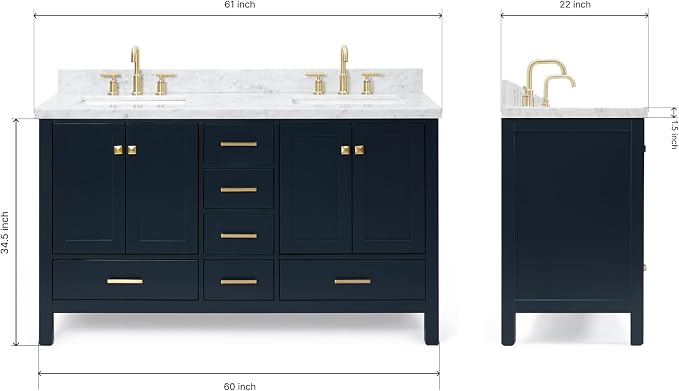 ARIEL Cambridge 61 Inch Midnight Blue Bathroom Vanity Double Sink, Solid Wood - Image 9