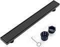 Offset Linear Shower Drain, Brushed 304 Stainless Steel Side Outlet Black Floor by Elefloom