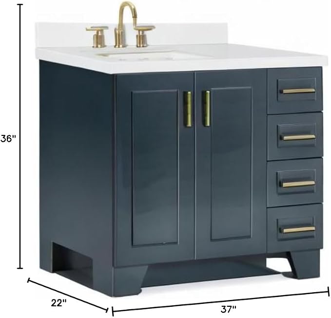 ARIEL 37" Midnight Blue Bathroom Vanity 1.5" Edge Pure White Quartz Countertop - Image 2
