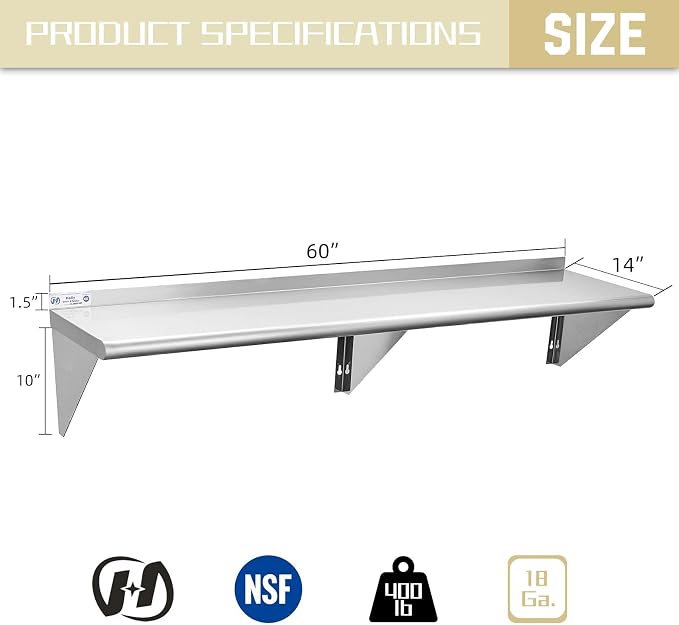 Hally Stainless Steel Shelf 14 x 60 Inches, 400 lb, Commercial Wall Mount - Image 3