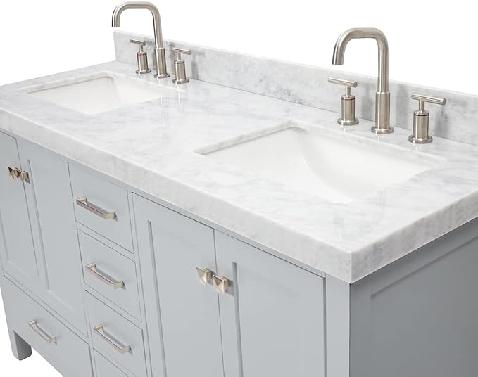 ARIEL Cambridge 60 Inch Grey Bathroom Vanity Double Sink, Solid Wood, Carrara - Image 6