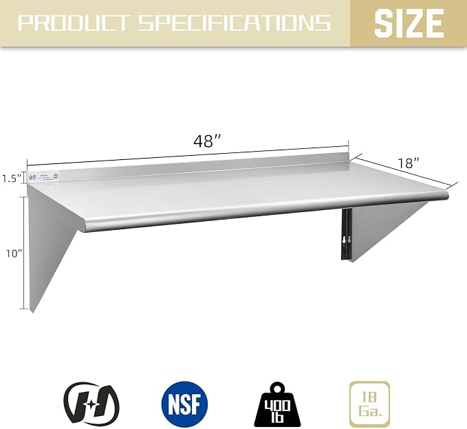 HALLY SINKS & TABLES H Stainless Steel Shelf 18 x 48 Inches, 400 lb, Commercial - Image 3