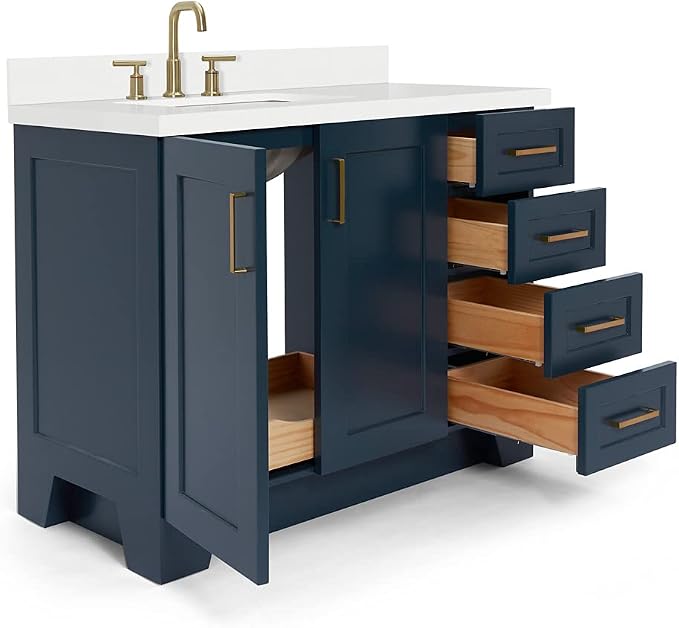 ARIEL 43" Midnight Blue Bathroom Vanity, 1.5" Edge Pure White Quartz Countertop - Image 7