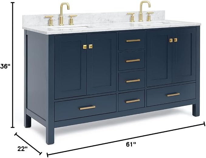 ARIEL Cambridge 61 Inch Midnight Blue Bathroom Vanity Double Sink, Solid Wood - Image 2