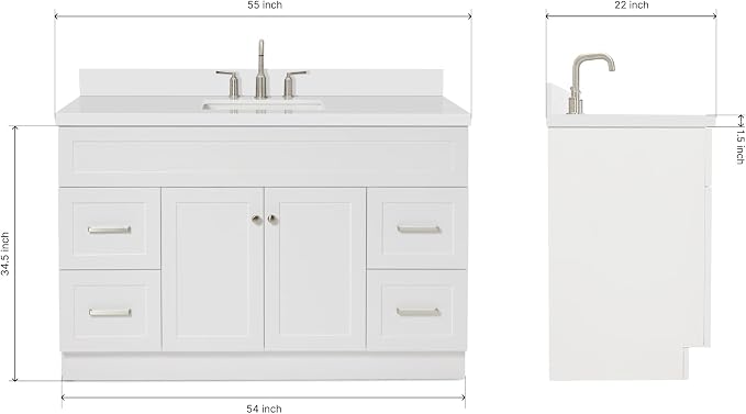 ARIEL 55" White Bathroom Vanity 1.5" Edge Pure White Quartz Countertop & Splash - Image 2