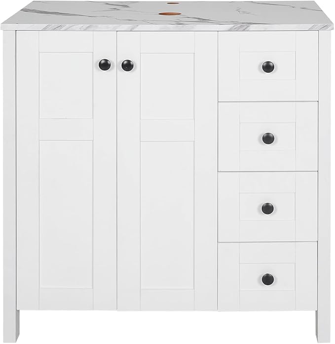 32" White Bathroom Vanity with Marble Texture Top and 4 Drawers, Modern by Solidee