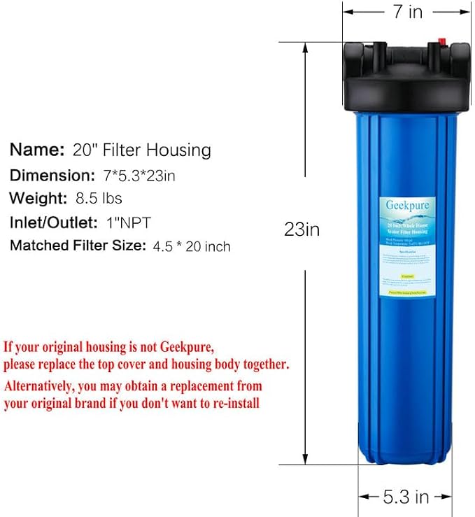 Geekpure 20 Inch Whole House Water Filter Housing-1"NPT Bras Port -Fit 4.5"x - Image 2