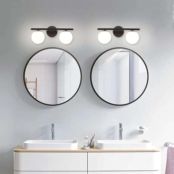 New Bathroom 2 Vanity Light Fixtures Brushed Black Milk White Globe Glass Shade - Image 7