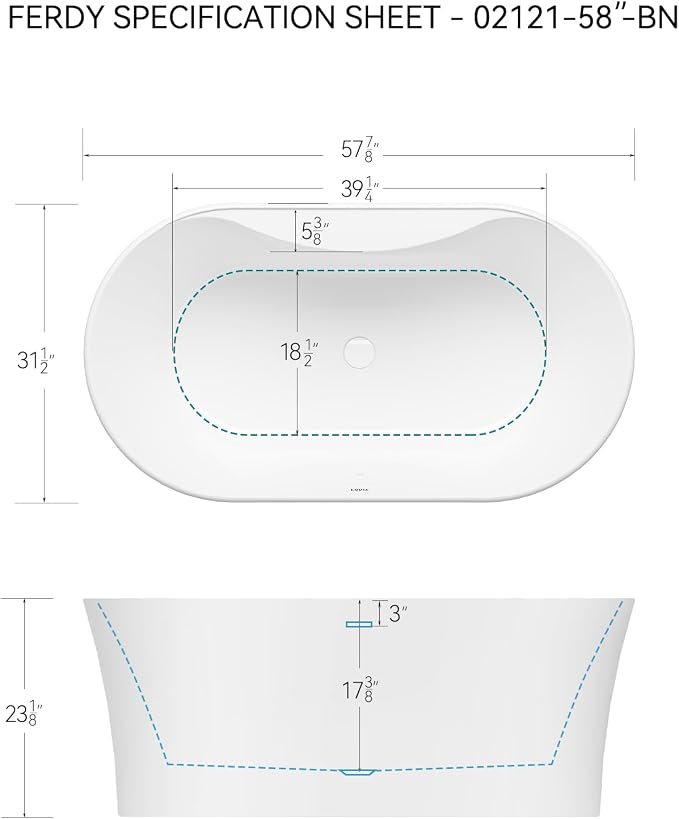 FerdY Santorini 58" Acrylic Freestanding Tub, Gracefully Shaped Contemporary - Image 6
