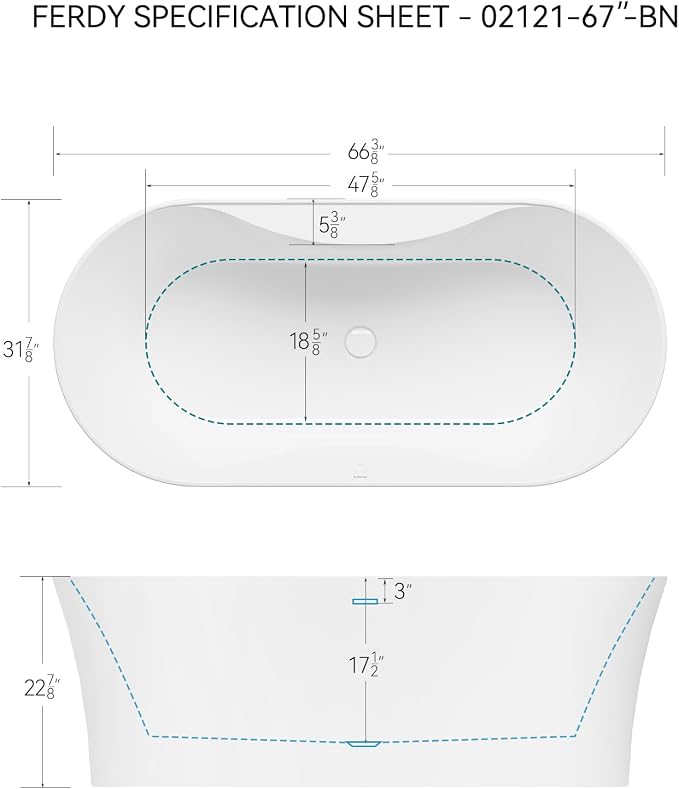 FerdY Santorini 67" Acrylic Freestanding Tub, Gracefully Shaped Contemporary - Image 4