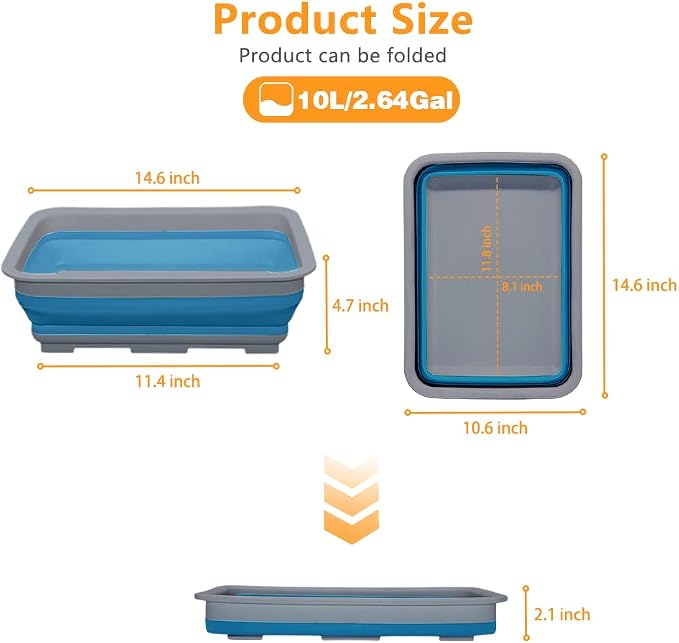 Collapsible Dish Pans – 10L Foldable Sink Tub, 14.5'' x 10.5'' x 5", Compact - Image 3