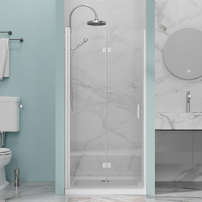 34 in.W x 72 in.H Bifold Frameless Glass Shower Door 1/4” Tempered Clear Glass by Bathenum