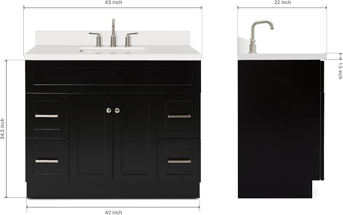 ARIEL Hamlet 43 Inch Single Sink Bathroom Vanity in Black, 1.5" Edge Quartz Top - Image 2