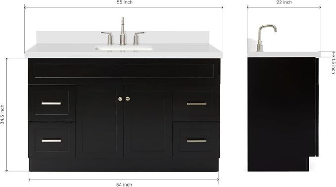 ARIEL 55" Black Bathroom Vanity 1.5" Edge Pure White Quartz Countertop & Splash - Image 2