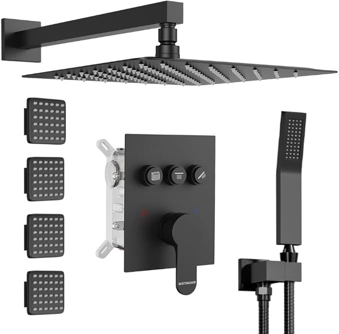 Shower System with Body Jets, Bostingner 3 Way Shower Faucet Set 12" Rain by Bostingner