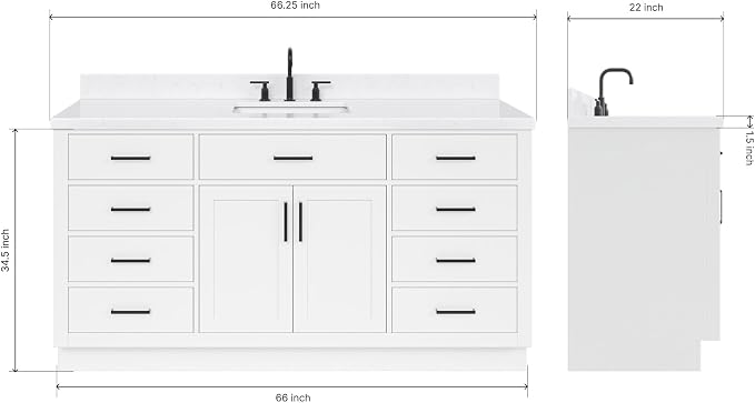 ARIEL Hepburn 66" White Bathroom Vanity, 1.5" Edge Carrara Quartz Countertop & - Image 2