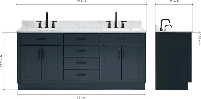ARIEL Double Bathroom Vanity 73" Midnight Blue, Italian Carrara Marble - Image 2