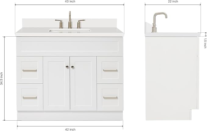 ARIEL Hamlet 43 Inch Single Sink Bathroom Vanity in White, 1.5" Edge Quartz Top - Image 2