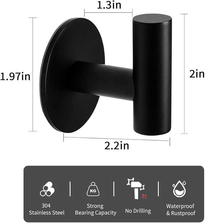 Self Adhesive Towel Hook Matte Black Coat Hook Brushed Nickel SUS304 Stainless - Image 2