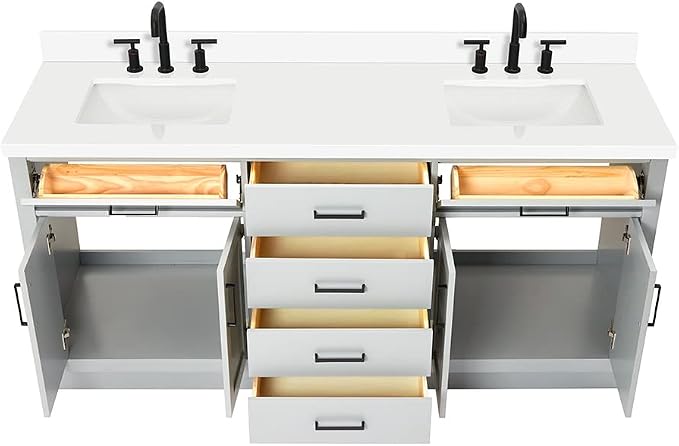 ARIEL Double Bathroom Vanity 73" Grey, 1.5" Edge Pure White Quartz Countertop & - Image 6