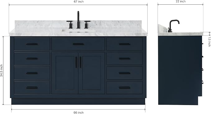 ARIEL 67" Midnight Blue Vanity, 1.5" Edge Italian Carrara Marble Countertop & - Image 2