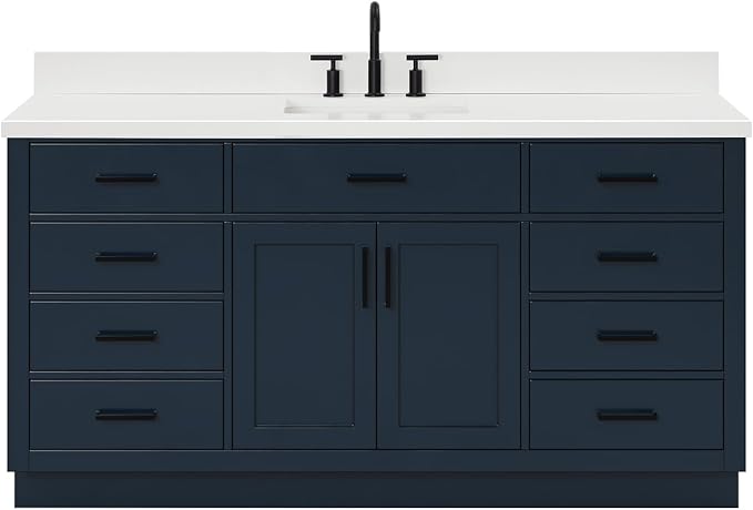 ARIEL 67" Midnight Blue Vanity, 1.5" Edge Pure White Quartz Countertop & Splash - Image 9