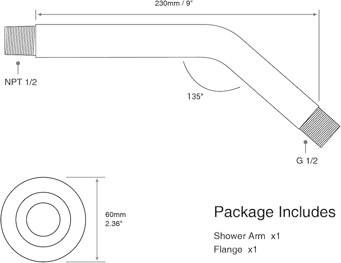 9 Inch Angled Shower Arm Brushed Nickel, Curved Shower Head Pipe - Image 7