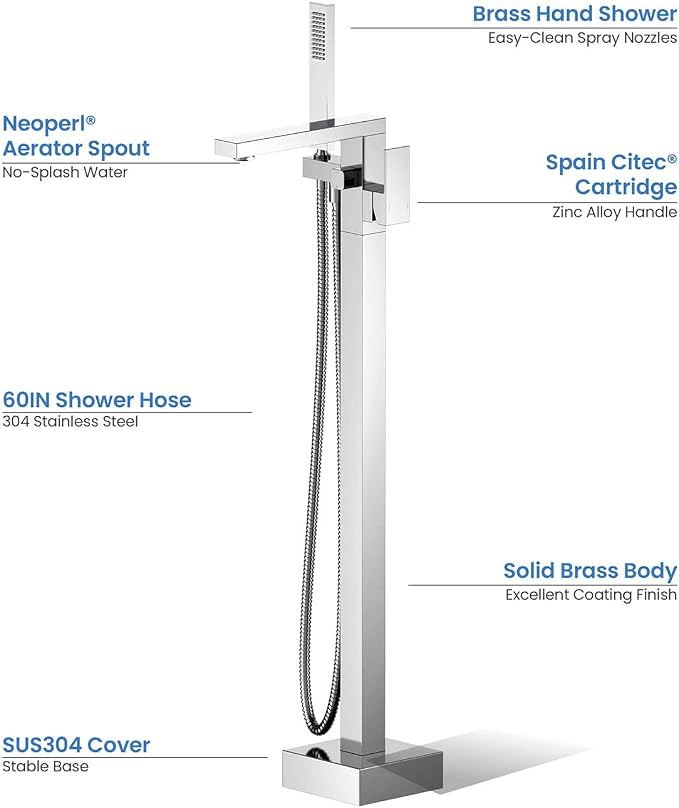 KIBI Cube Chrome Finish Freestanding Bathtub Faucet ‑ Floor‑Mounted Brass Tub - Image 3