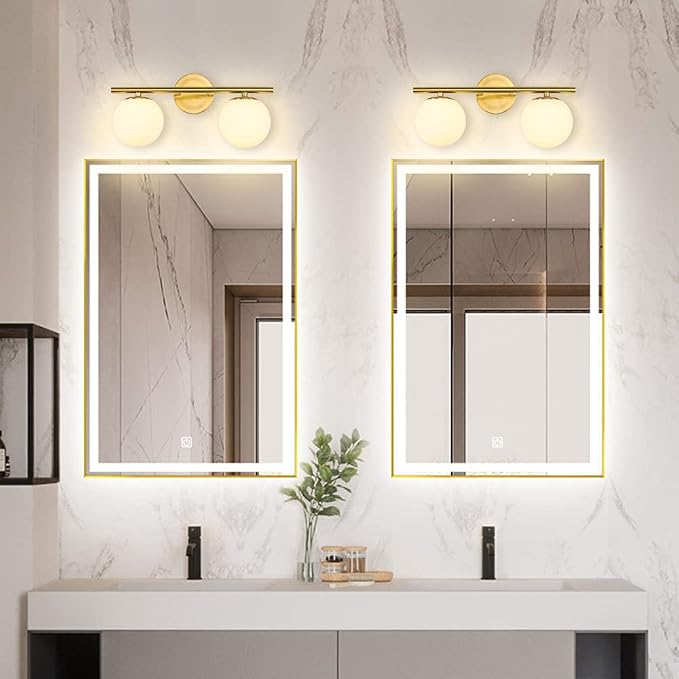 New Bathroom Vanity Light Fixtures 2 Lights Brushed Brass Milk White Globe - Image 5
