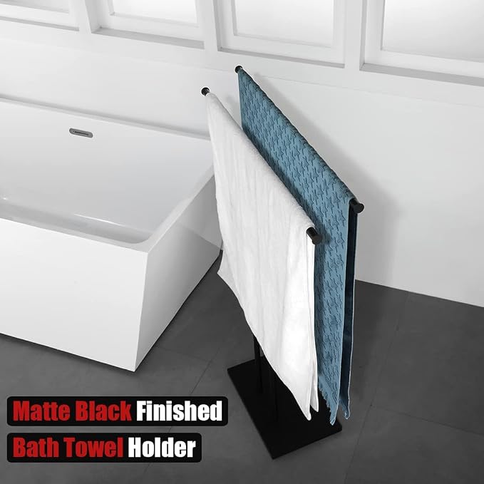 JQK Bath Towel Holder Stand Black, 30 Inch Free Standing Double Towel Rack Shelf - Image 4