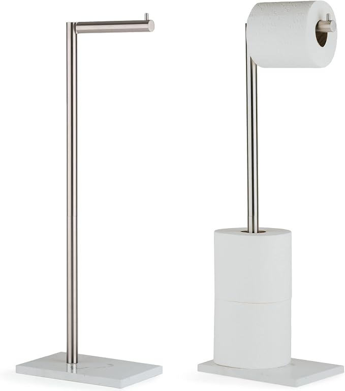 MARMOLUX ACC Free Standing Brushed Nickel Toilet Paper Holder Stand White by MARMOLUXACC