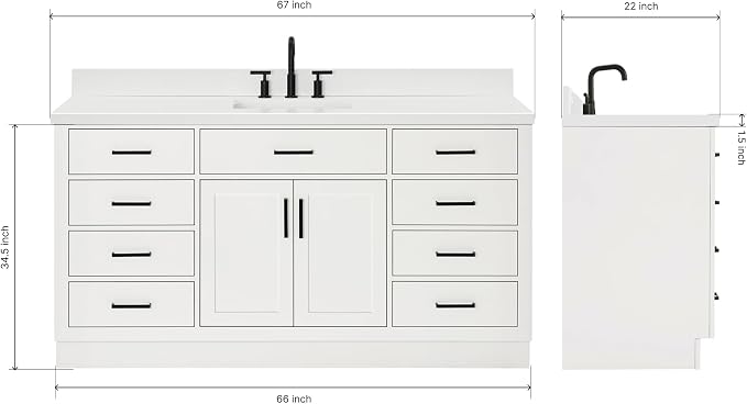ARIEL 67" White Bathroom Vanity, 1.5" Edge Pure White Quartz Countertop & Splash - Image 2