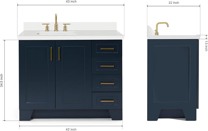 ARIEL 43" Midnight Blue Bathroom Vanity, 1.5" Edge Pure White Quartz Countertop - Image 2