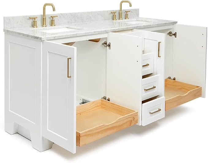 ARIEL 73" White Double Bathroom Vanity Italian Carrara Marble Countertop & - Image 6