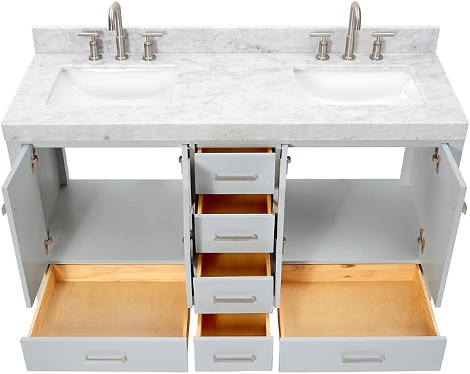 ARIEL Cambridge 60 Inch Grey Bathroom Vanity Double Sink, Solid Wood, Carrara - Image 5