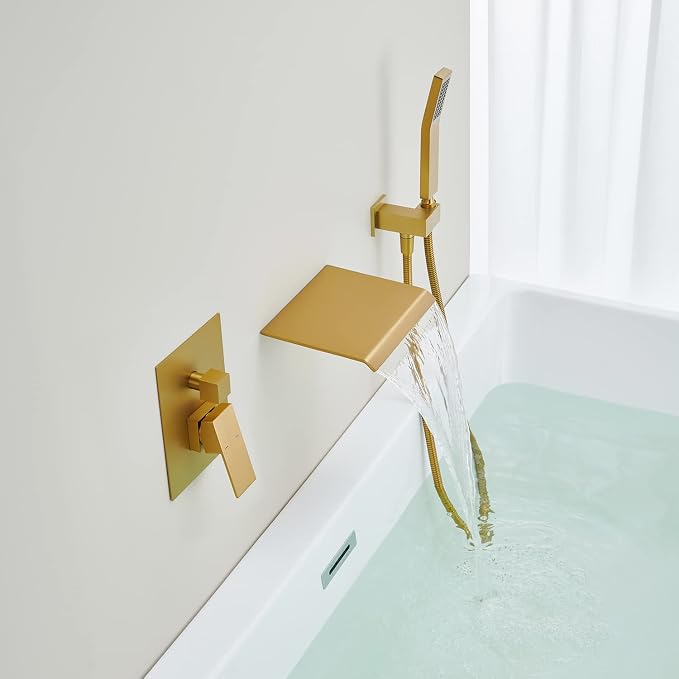 Wall Mount Tub Filler Waterfall Tub Faucet Brushed Gold Bathtub Faucet Brass - Image 4