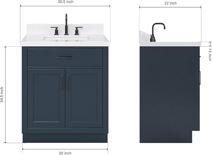 ARIEL Bathroom Vanity, Midnight Blue, Carrara White Quartz Top 1.5" Edge - Image 2