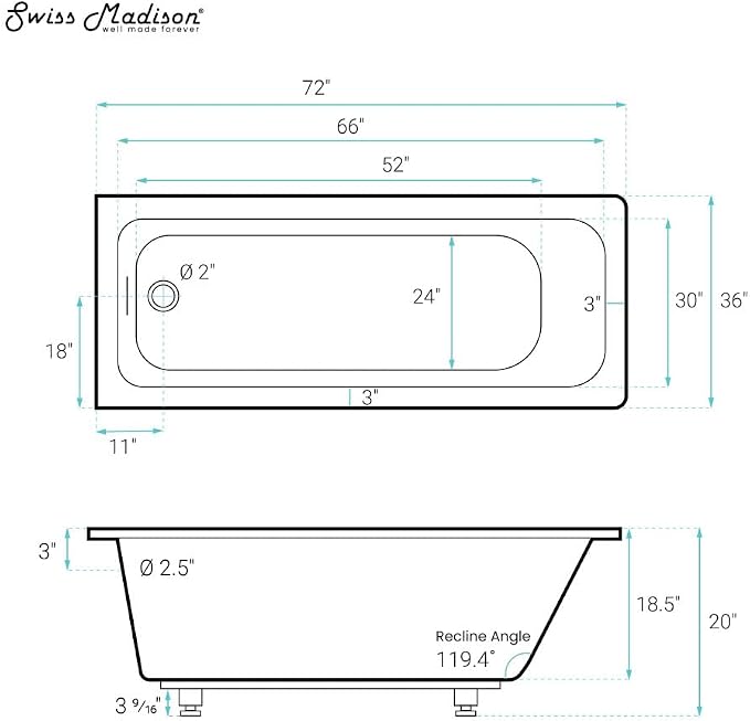 Swiss Madison Voltaire 72 x 36 Reversible Drain Soaking Drop-in Bathtub in - Image 5