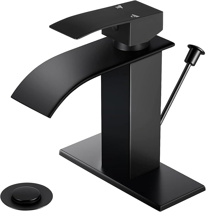 Bathroom Faucets with Lift Rod Drain Mater Black Waterfall Bathroom Sink Faucet by LUFG