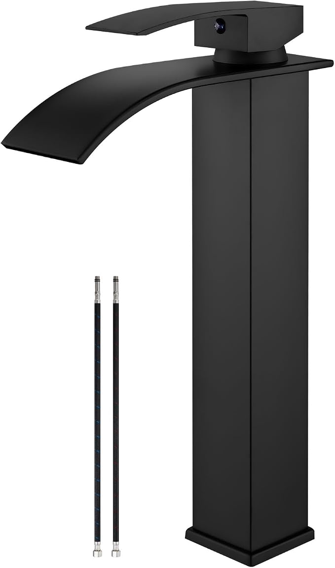 Airuida Vessel Sink Faucet Matte Black, Tall Waterfall Bathroom Faucet by Airuida